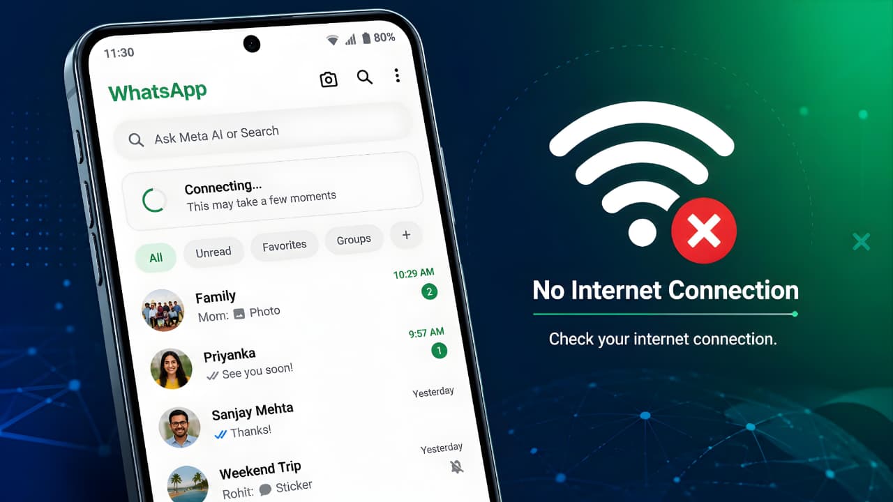 How to Fix WhatsApp Internet Connection Problems showing WhatsApp Connecting screen with No Internet Connection Wi-Fi error on Android smartphone