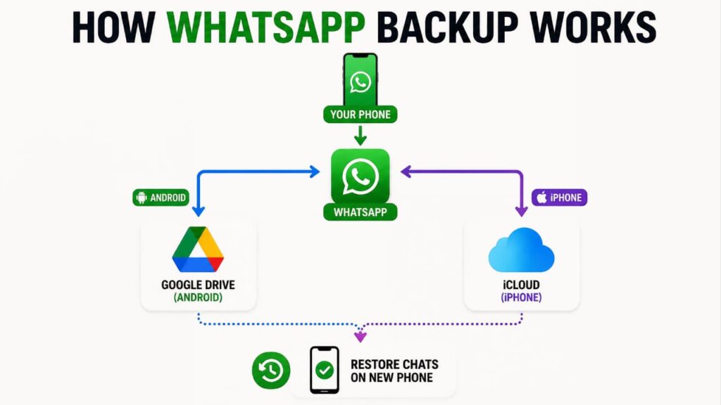 How WhatsApp Backup Works showing Android Google Drive and iPhone iCloud chat backup process.