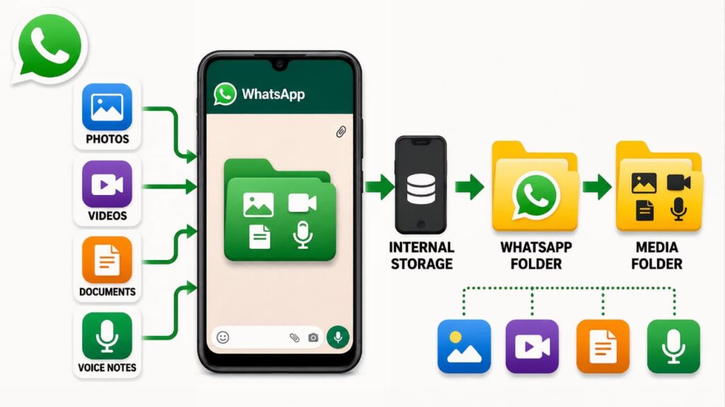 Illustration showing how WhatsApp stores photos, videos, documents, and voice notes in the WhatsApp Media folder on Android internal storage.