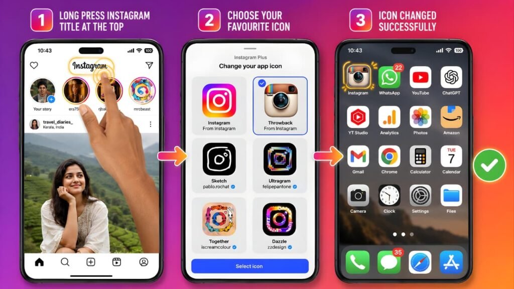 How to change Instagram app icon using Instagram Plus by long pressing the Instagram title