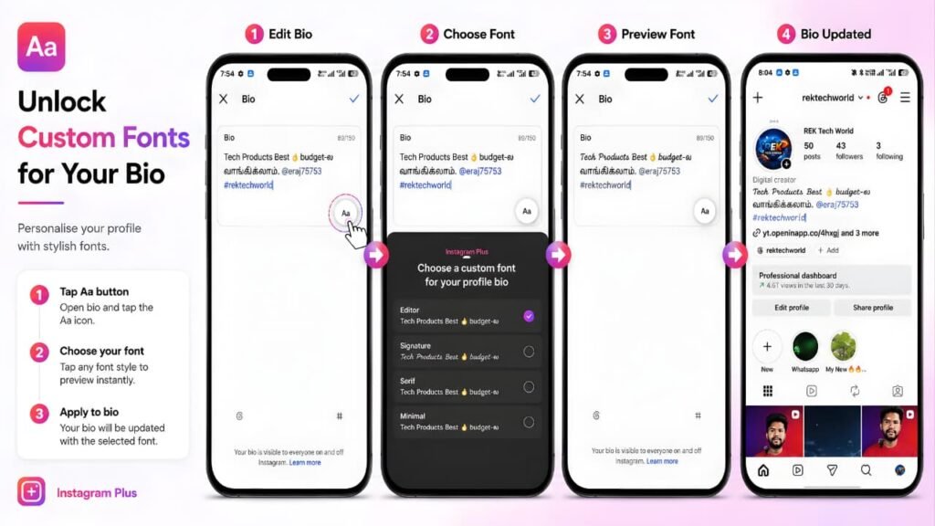 Instagram Plus custom bio fonts feature showing font selection and applying different fonts to an Instagram profile bio.
