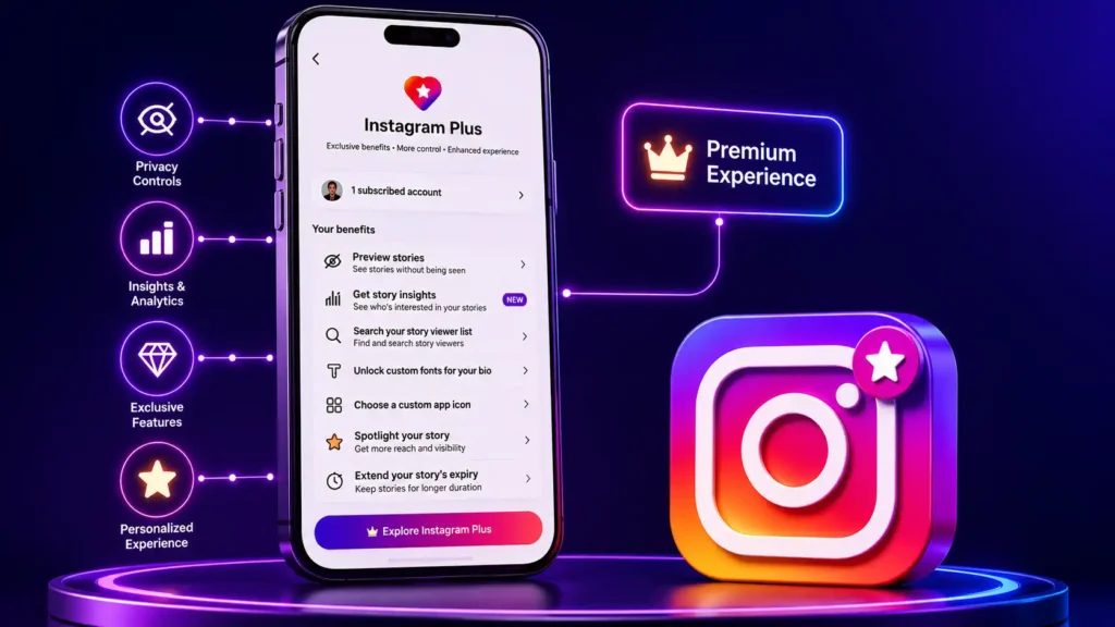Illustration showing the Instagram Plus premium subscription interface with premium features inside the Instagram app.