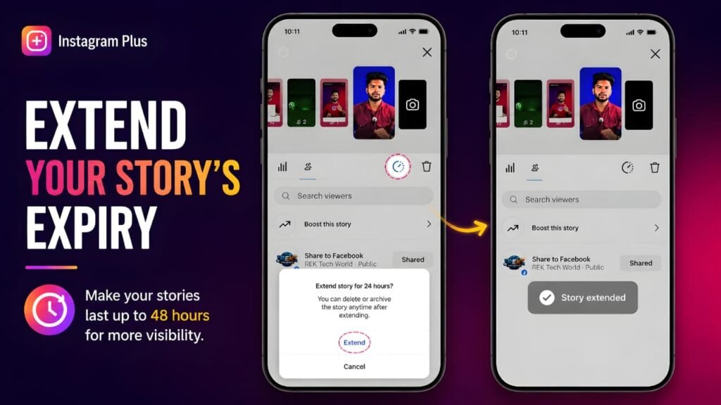 Instagram Plus extend story expiry feature showing how to extend an Instagram story for up to 48 hours.
