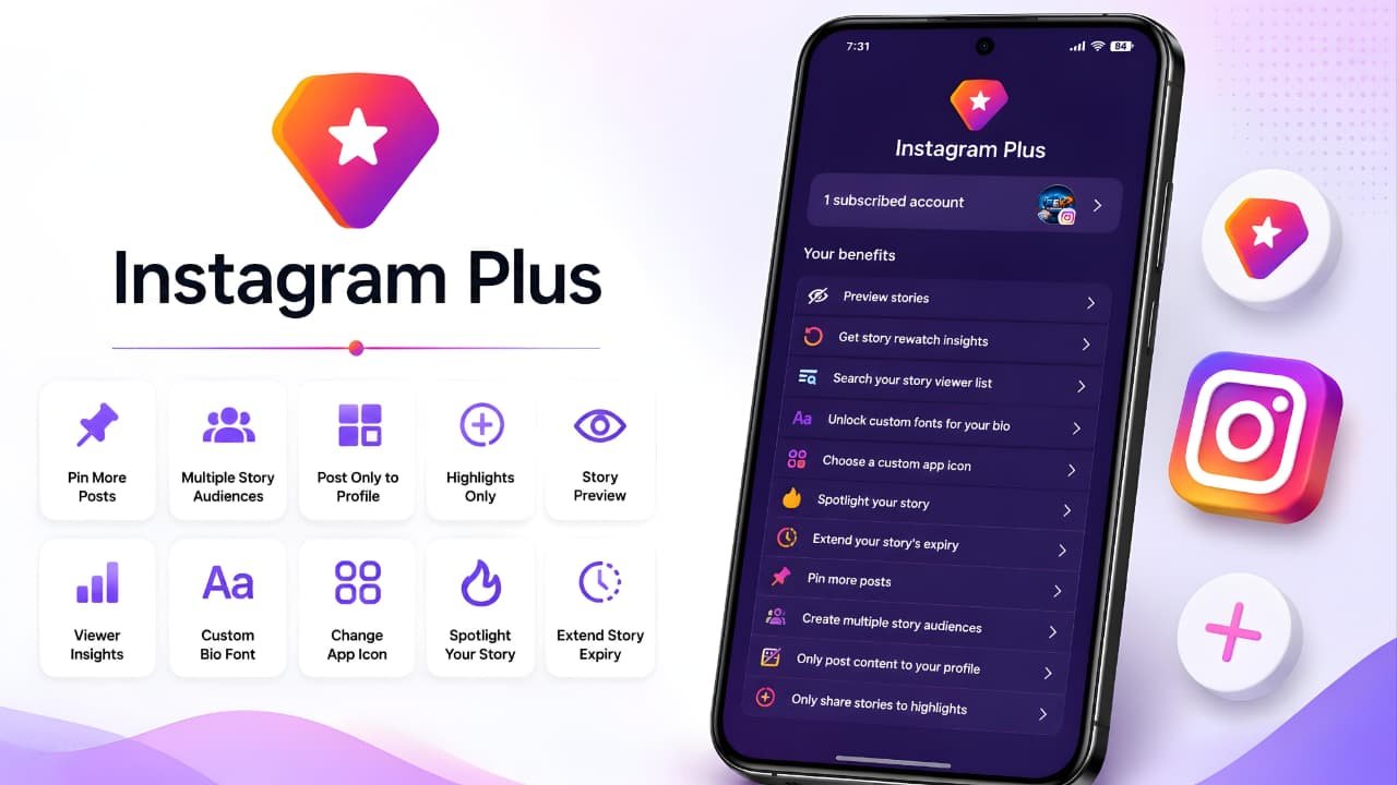 Instagram Plus features interface with story preview, custom app icon, and profile customization options