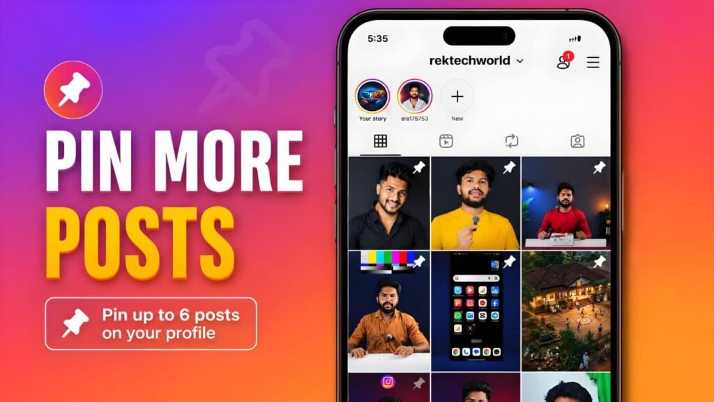 Instagram Plus Pin More Posts feature showing up to six pinned posts on an Instagram profile.