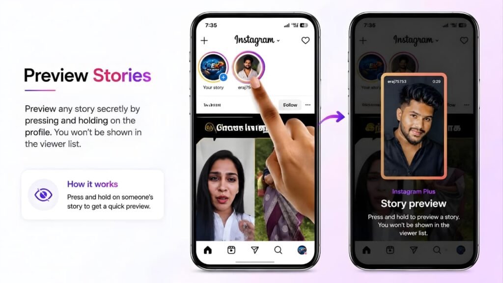 Instagram Plus Preview Stories feature showing how to preview stories without appearing in the viewer list.