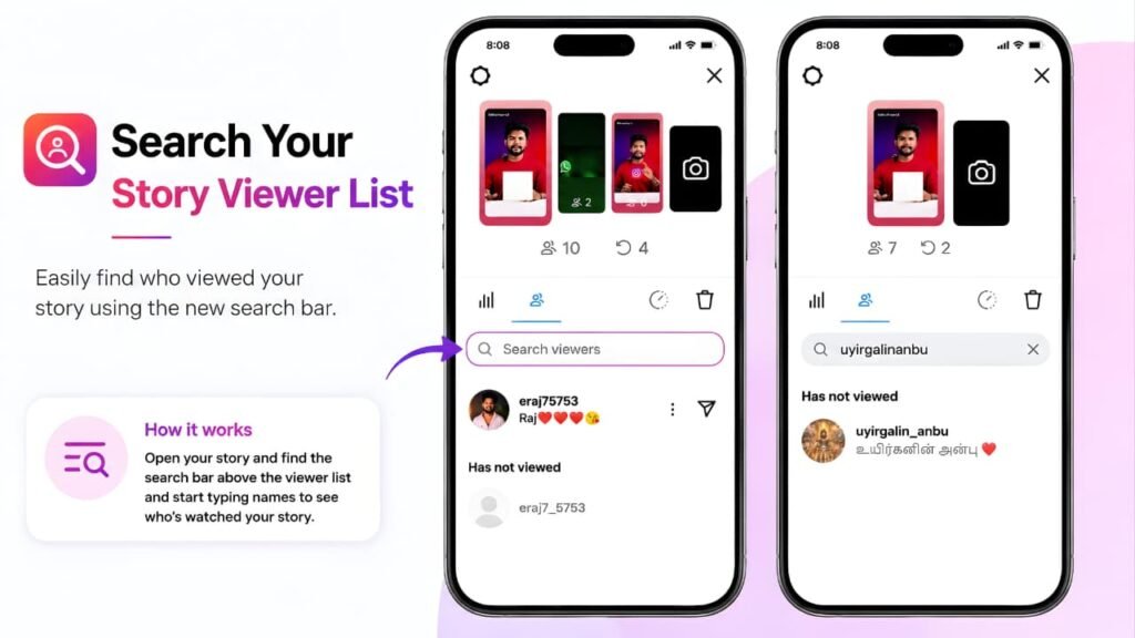 Instagram Plus Search Your Story Viewer List feature showing the search bar to find story viewers