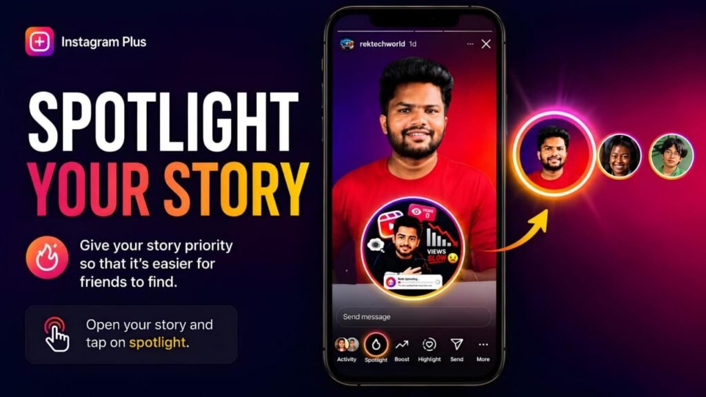 Instagram Plus Spotlight Story feature showing how to highlight an Instagram Story for better visibility.
