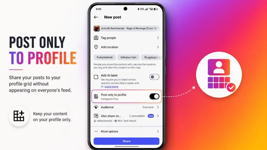 Instagram Post Only to Profile feature showing the toggle enabled on the New Post sharing screen