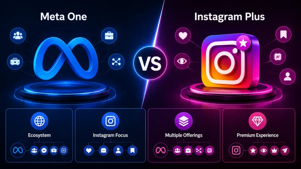 Comparison illustration showing the differences between Meta One and Instagram Plus, highlighting Meta's broader subscription ecosystem and Instagram-focused premium subscription.