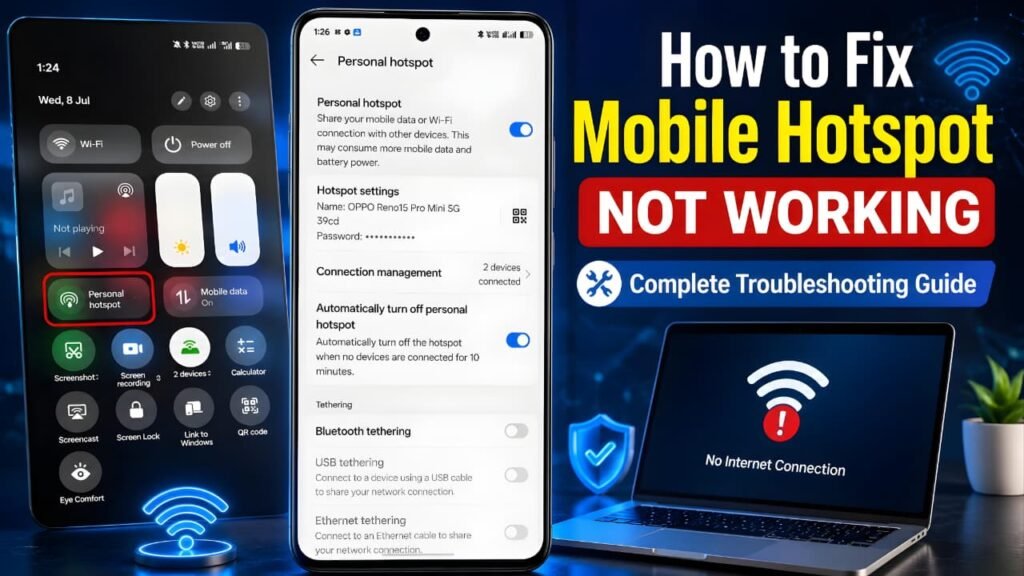 Mobile Hotspot Not Working troubleshooting guide on Android showing hotspot settings and quick fixes.