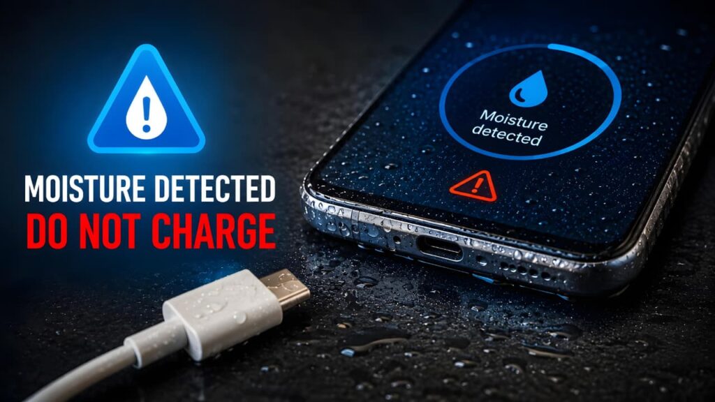 Moisture Detected Warning on a Smartphone Charging Port – Do Not Charge