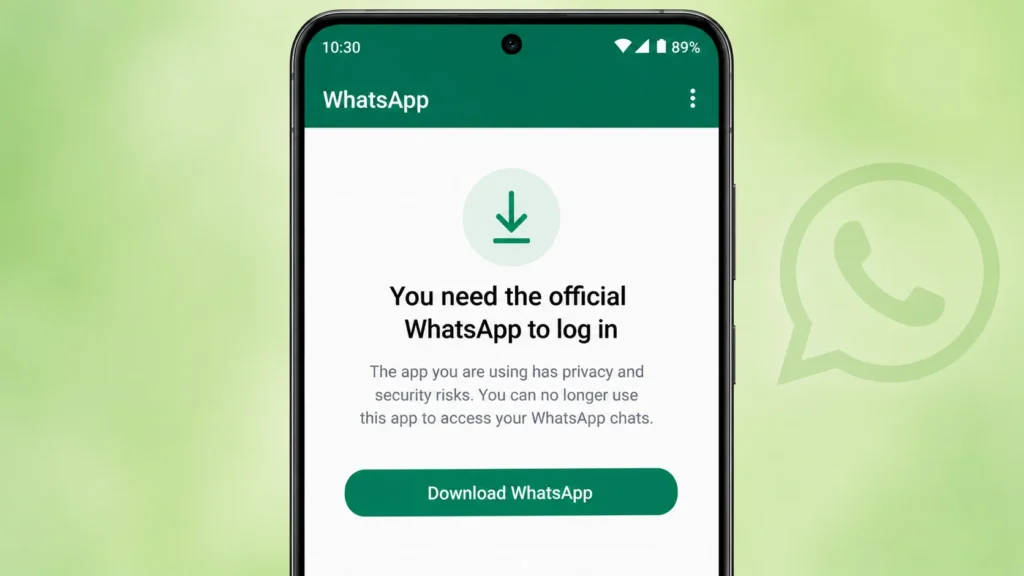 Official WhatsApp login warning screen asking users to download the official WhatsApp app