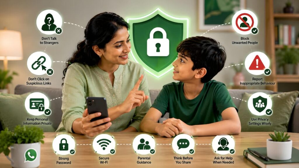 Online safety tips for parents using WhatsApp to help children stay safe from scams, suspicious links, and unwanted contacts