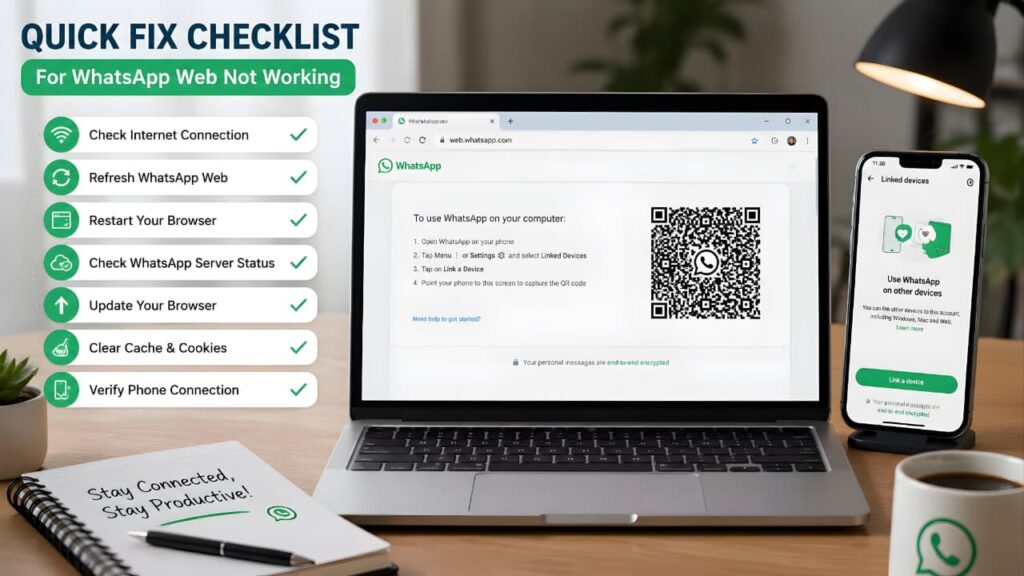 Quick checklist to fix WhatsApp Web not working, including internet, browser, cache, and phone connection checks.