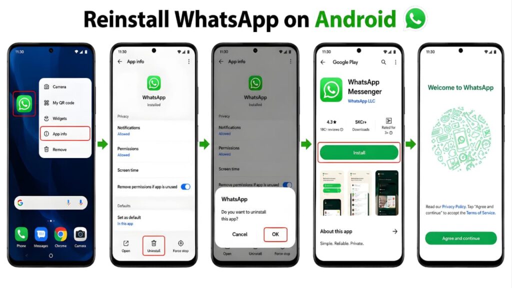 Step-by-step guide showing how to reinstall WhatsApp on an Android phone to fix WhatsApp internet connection problems