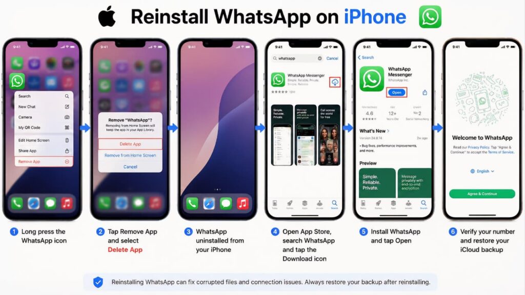 Step-by-step guide showing how to reinstall WhatsApp on an iPhone to fix WhatsApp internet connection problems
