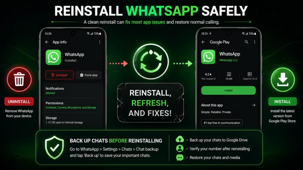 Android smartphone showing the WhatsApp uninstall and reinstall process with a reminder to back up chats before reinstalling the app.