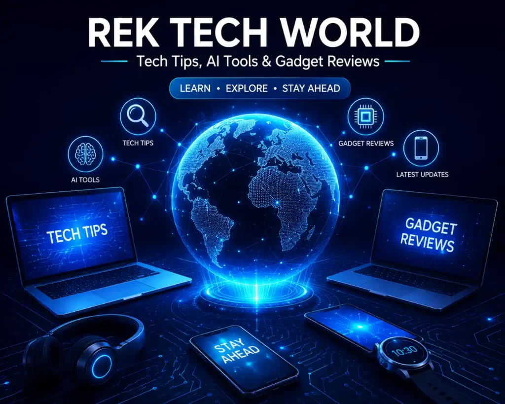 REK Tech World AI and technology homepage hero banner with gadgets, AI tools and tech news