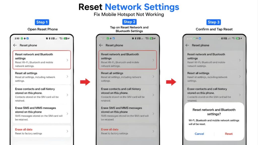 Reset Network Settings to fix Mobile Hotspot Not Working on Android.