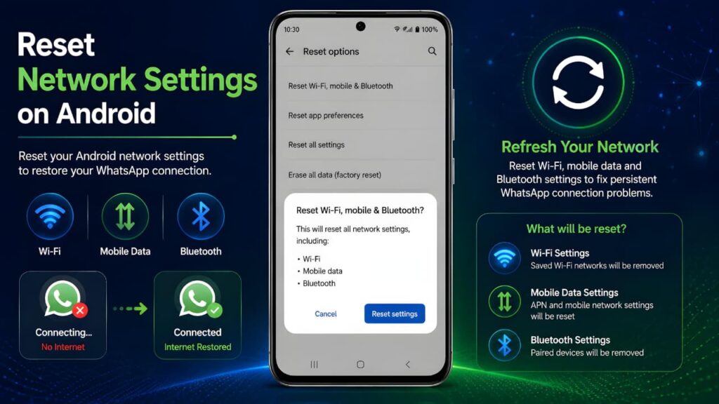 How to Fix WhatsApp Internet Connection Problems by resetting network settings on an Android phone