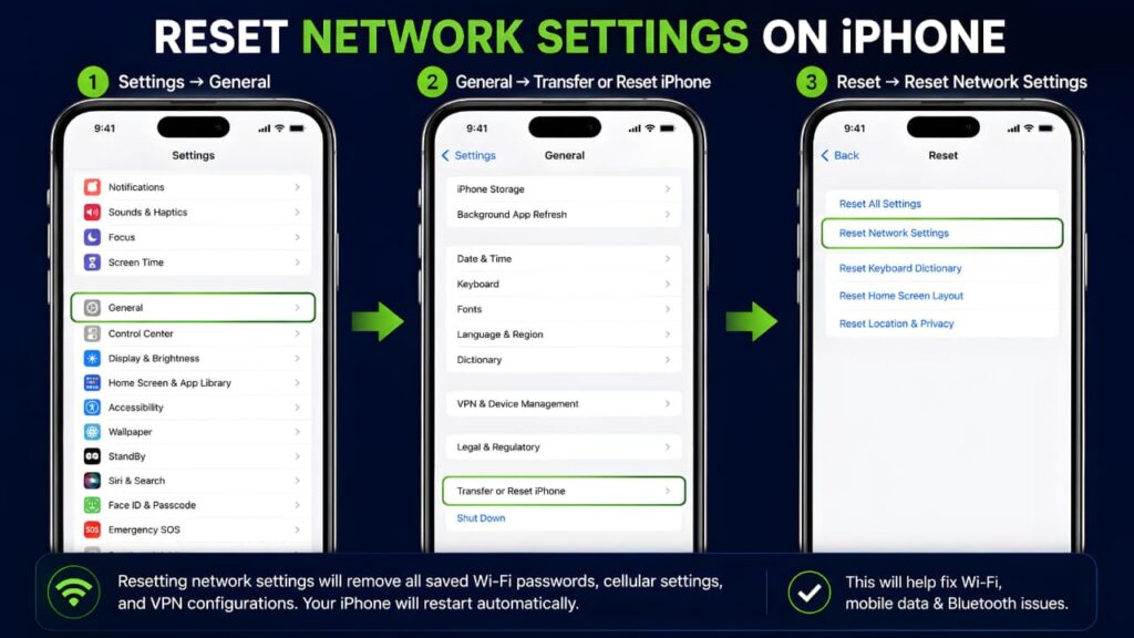 How to Fix WhatsApp Internet Connection Problems by resetting network settings on an iPhone
