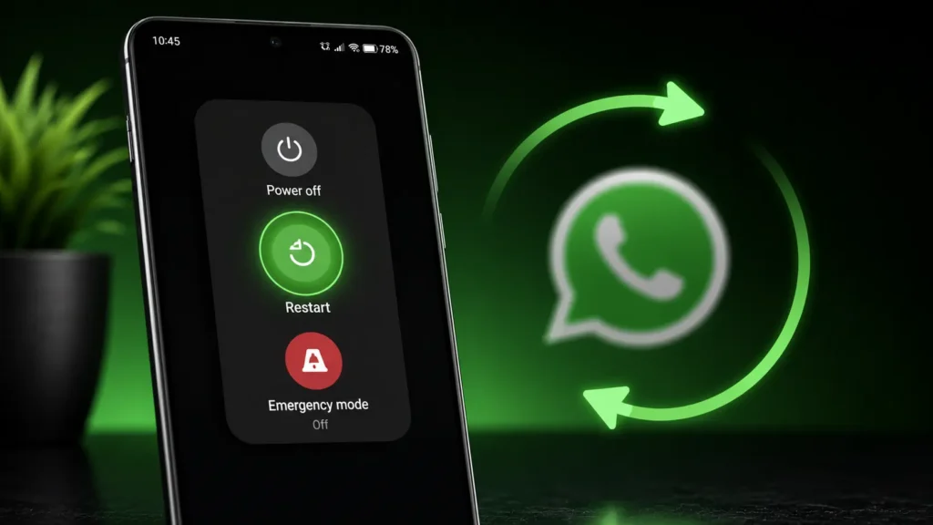Android smartphone showing the Restart option in the power menu to fix WhatsApp call not working issues.