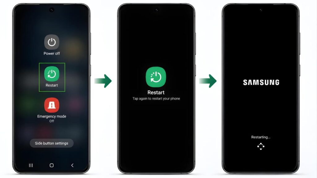 Android smartphone showing the restart process to fix WhatsApp verification code issues.