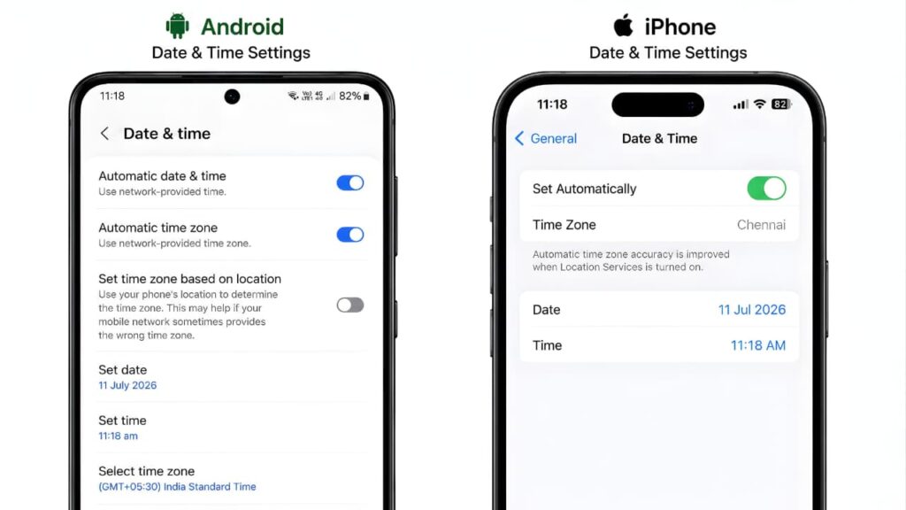 Android and iPhone Date and Time settings showing Automatic Date and Time enabled to help fix WhatsApp verification code issues.