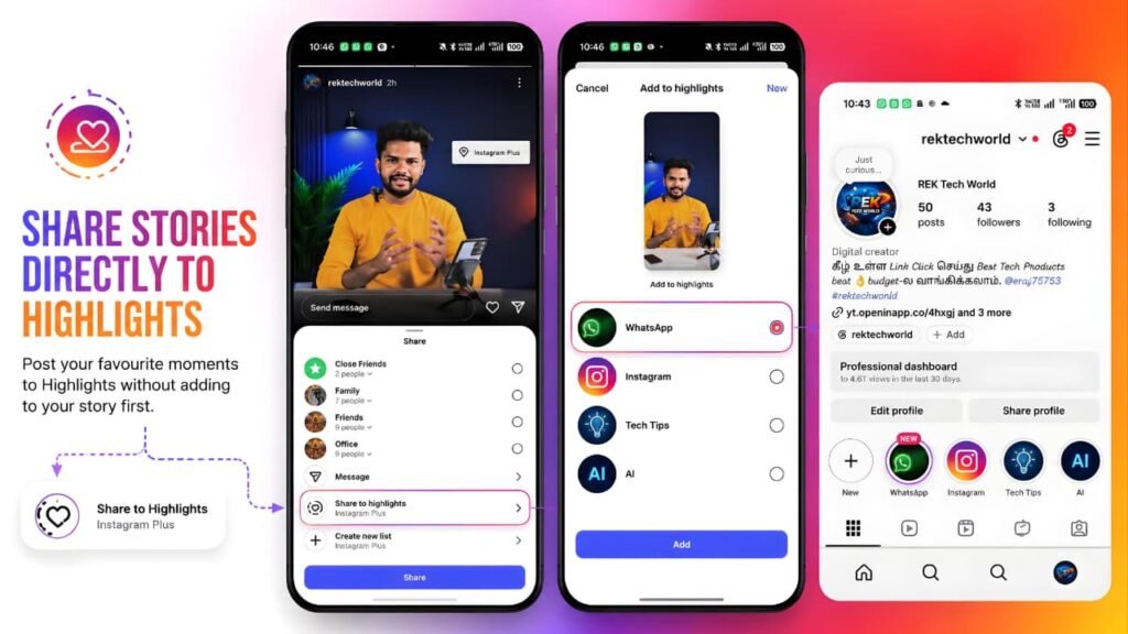 Instagram Plus Share Stories Directly to Highlights feature on Android