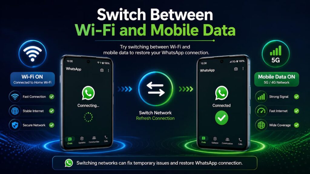 How to Fix WhatsApp Internet Connection Problems by switching between Wi-Fi and mobile data on an Android smartphone