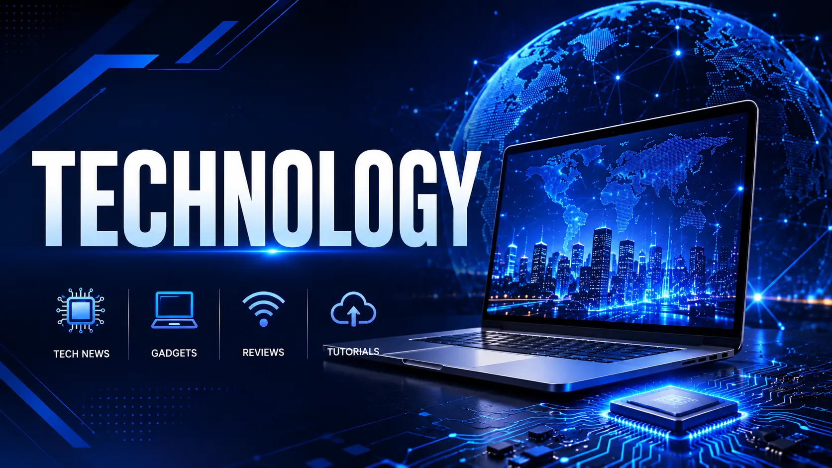 Technology category banner with futuristic laptop, digital globe, AI chip, and modern technology background.