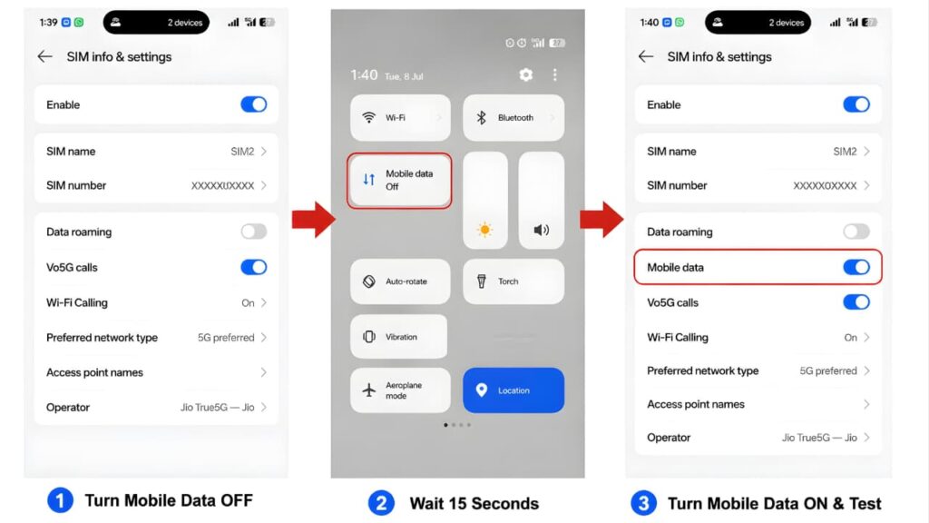 Turn Mobile Data off for 15 seconds and turn it back on to fix Mobile Hotspot Not Working on Android.