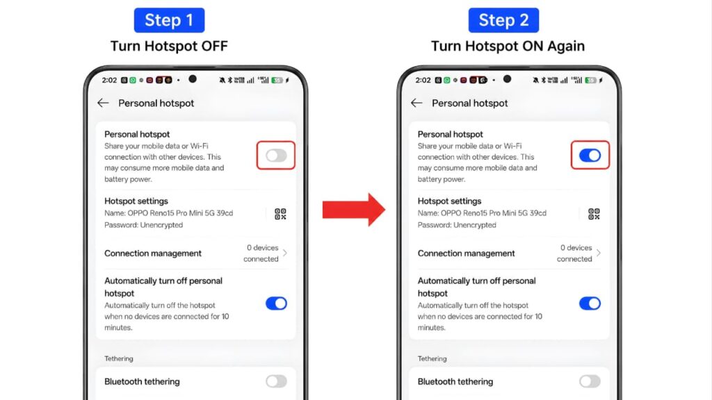 Turn Mobile Hotspot off and on again to fix Mobile Hotspot Not Working on Android.
