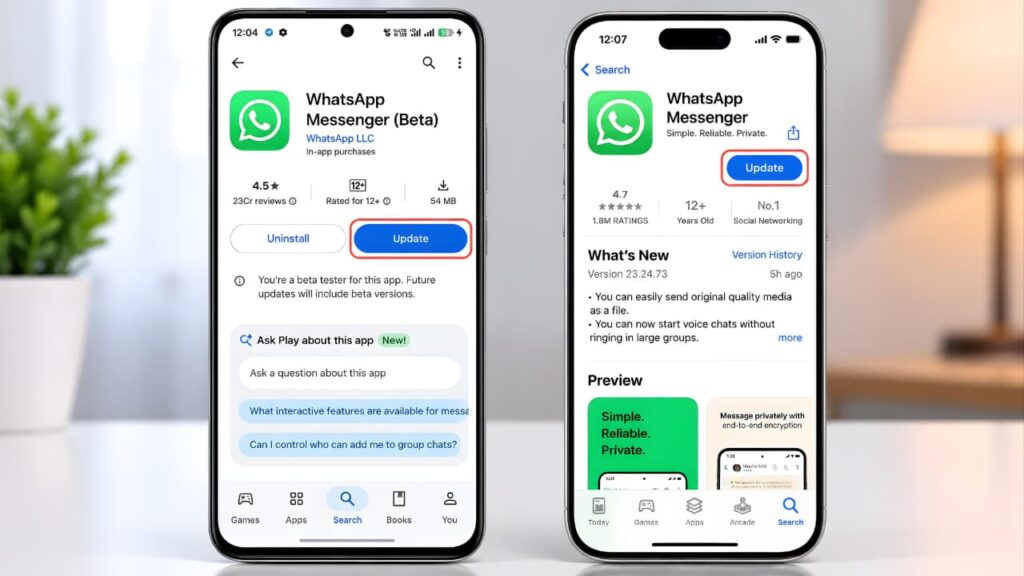 Update WhatsApp using Google Play Store and Apple App Store