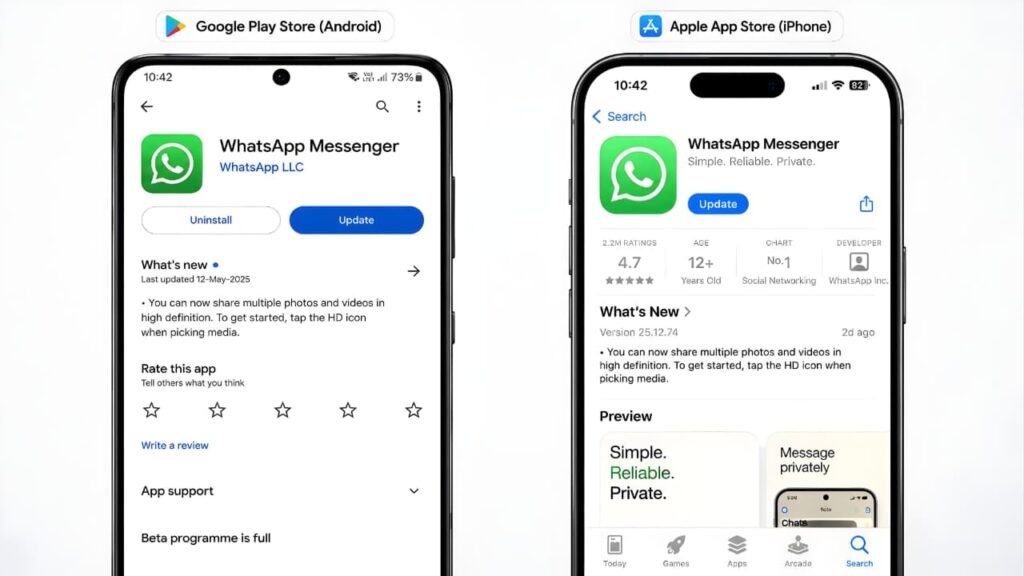 Google Play Store and Apple App Store showing the WhatsApp update screen on Android and iPhone.