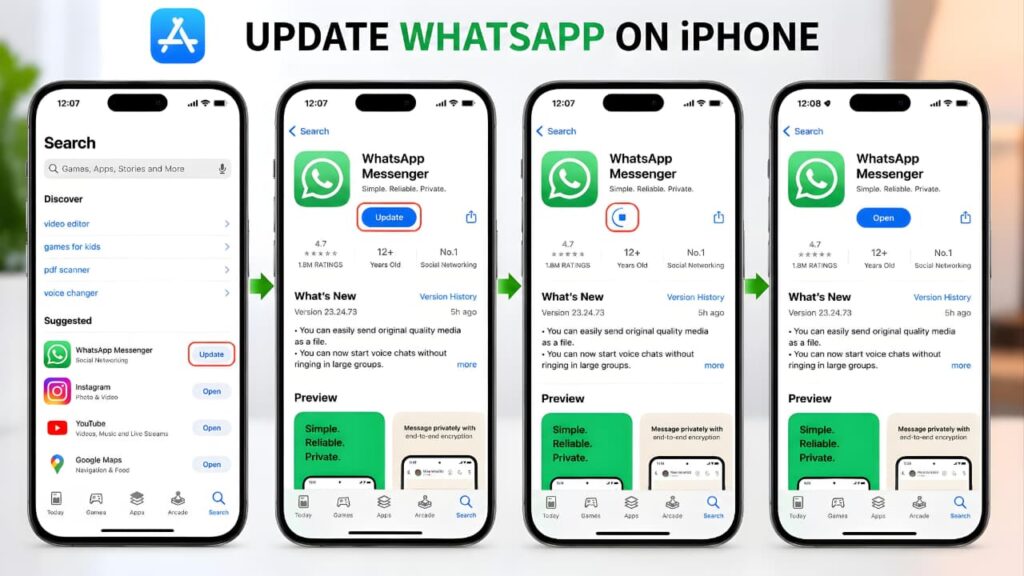 How to Fix WhatsApp Internet Connection Problems by updating WhatsApp from the App Store on an iPhone