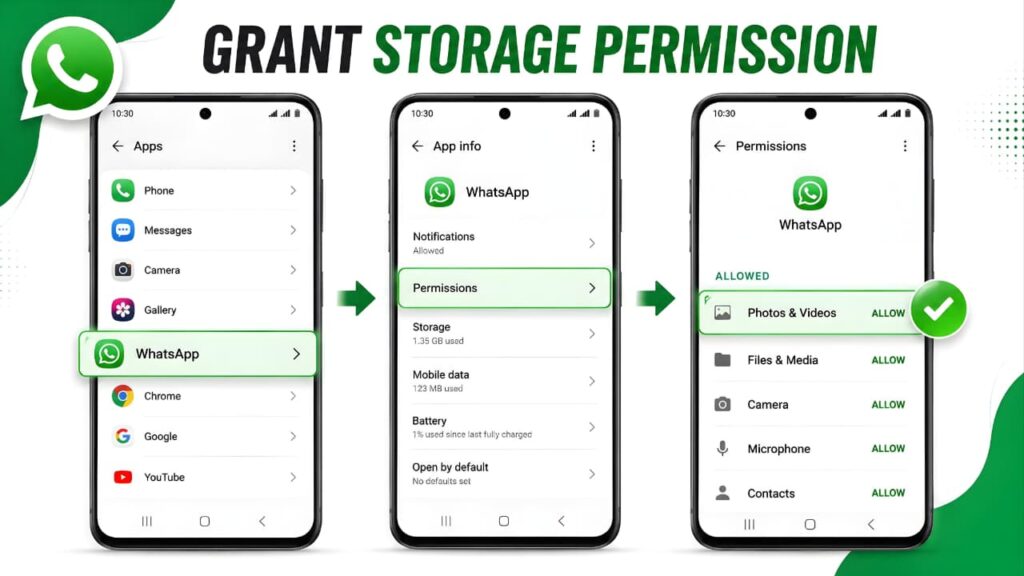 Verify WhatsApp storage permissions on Android to fix the media file doesn't exist on your internal storage error.