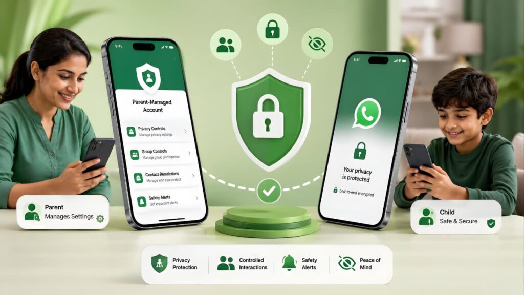 WhatsApp Parent-Managed Accounts connecting a parent and child account with privacy and security features