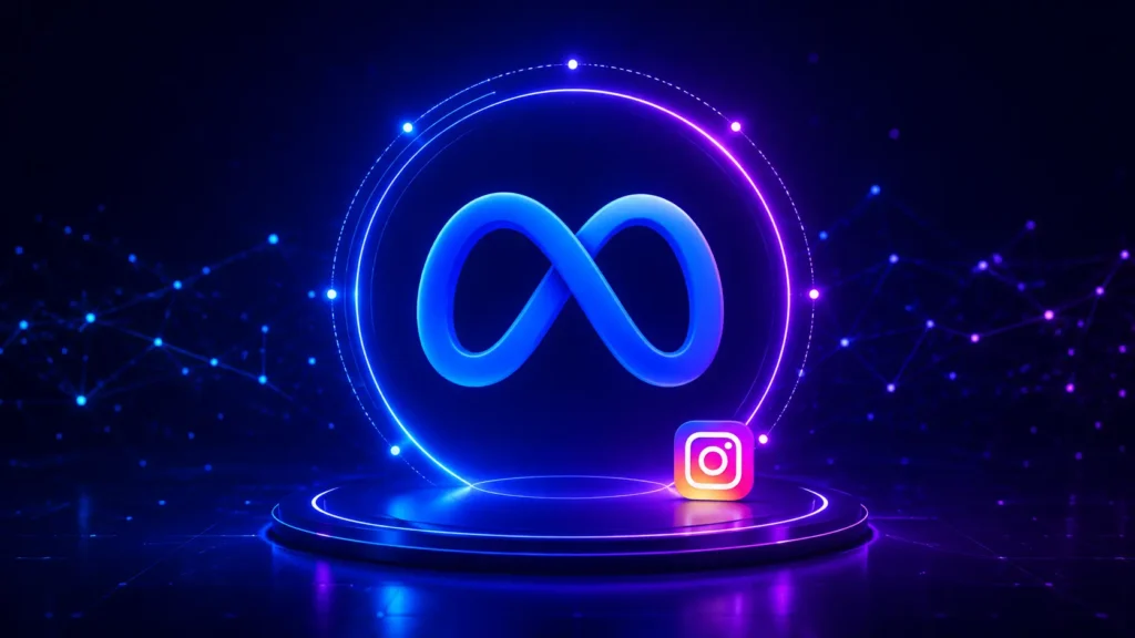 Illustration representing Meta One as Meta's premium subscription framework with the Meta logo, Instagram icon, and a futuristic digital ecosystem.