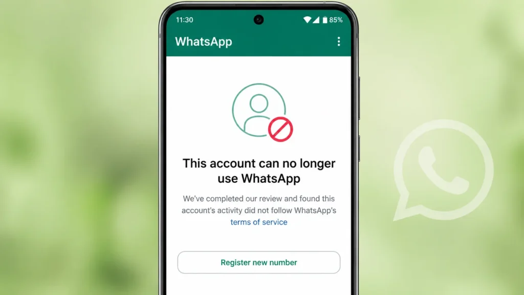 WhatsApp account ban message showing This account can no longer use WhatsApp
