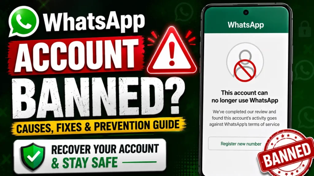 WhatsApp Account Banned official recovery guide showing banned account warning and recovery steps