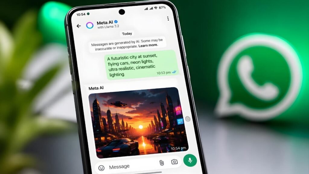 WhatsApp AI Image Generator showing Meta AI creating an AI image from a text prompt inside WhatsApp