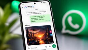 WhatsApp AI Image Generator showing Meta AI creating an AI image from a text prompt inside WhatsApp