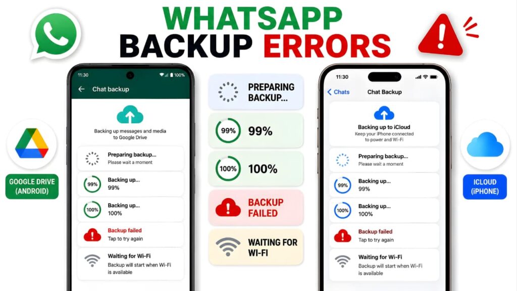 Common WhatsApp Backup Error Messages including Preparing Backup, Backup Failed, 99%, 100%, Google Drive, and iCloud backup issues.