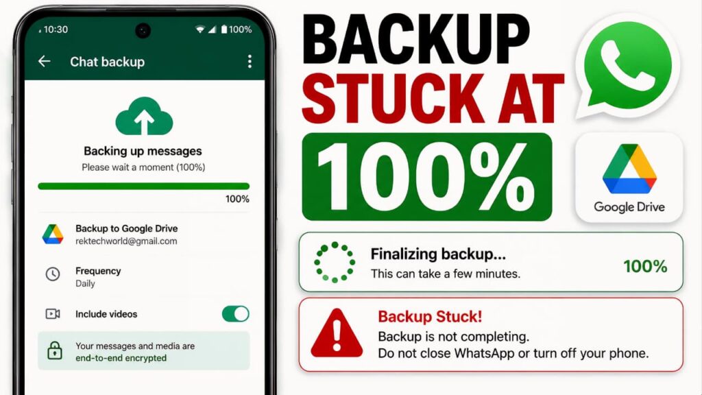 WhatsApp Backup Stuck at 100 percent while backing up chats to Google Drive on an Android phone.