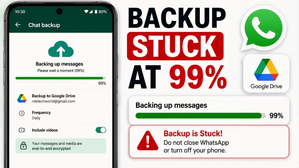 WhatsApp Backup Stuck at 99 percent on Android while backing up chats to Google Drive.
