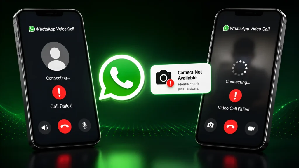 WhatsApp Call Not Working showing voice call failed and video call connecting error on an Android smartphone.