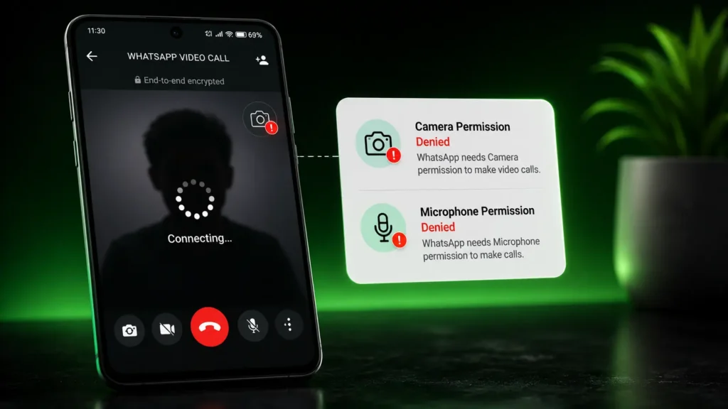 WhatsApp video call stuck on Connecting because camera and microphone permissions are denied on an Android smartphone.