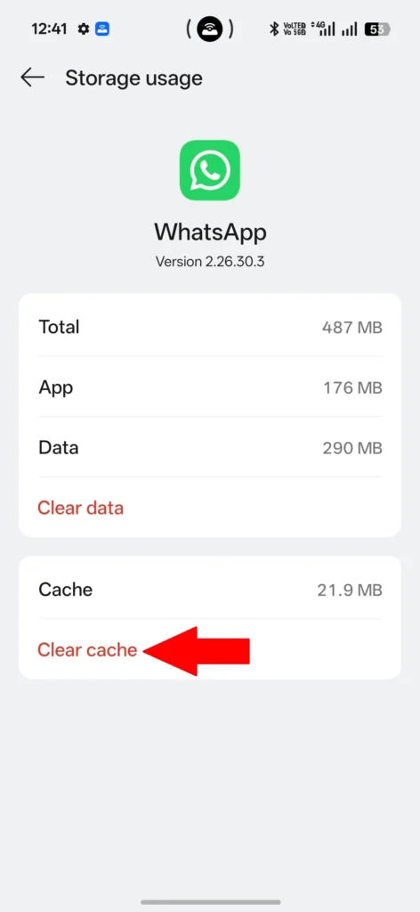 WhatsApp Clear Cache option in Android storage settings